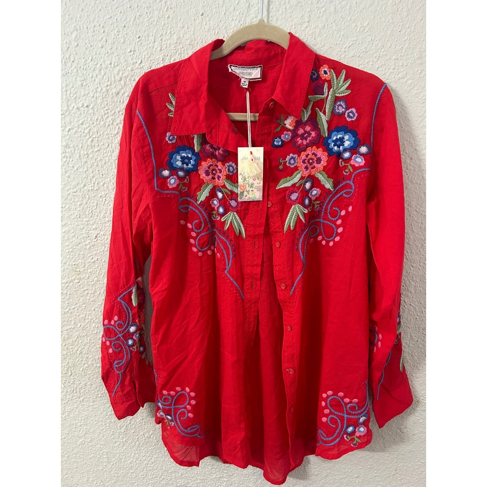 Johnny Was Dita Oversized Shirt Tunic Red Floral Embroidered Cotton Top M NEW